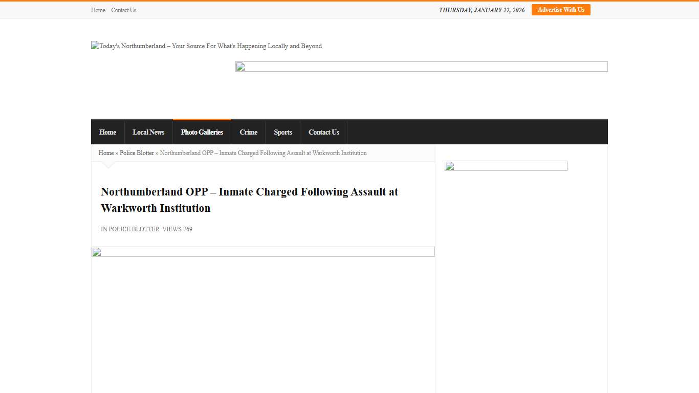 Northumberland OPP - Inmate Charged Following Assault at Warkworth Institution - Today's Northumberland - Your Source For What's Happening Locally and Beyond